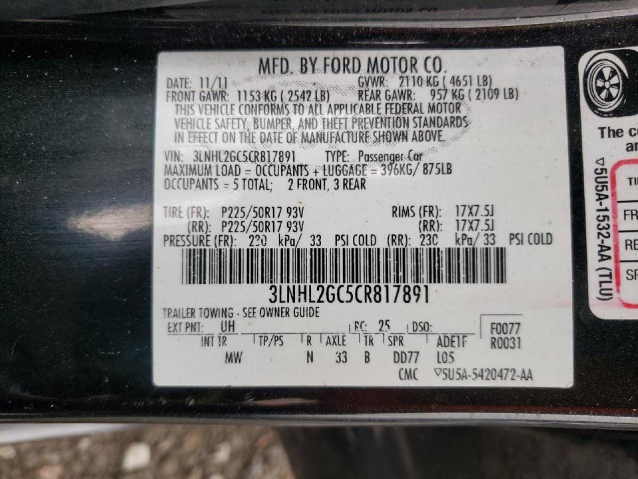 Photo 10 from auction – 2012 LINCOLN MKZ with VIN 3LNHL2GC5CR817891