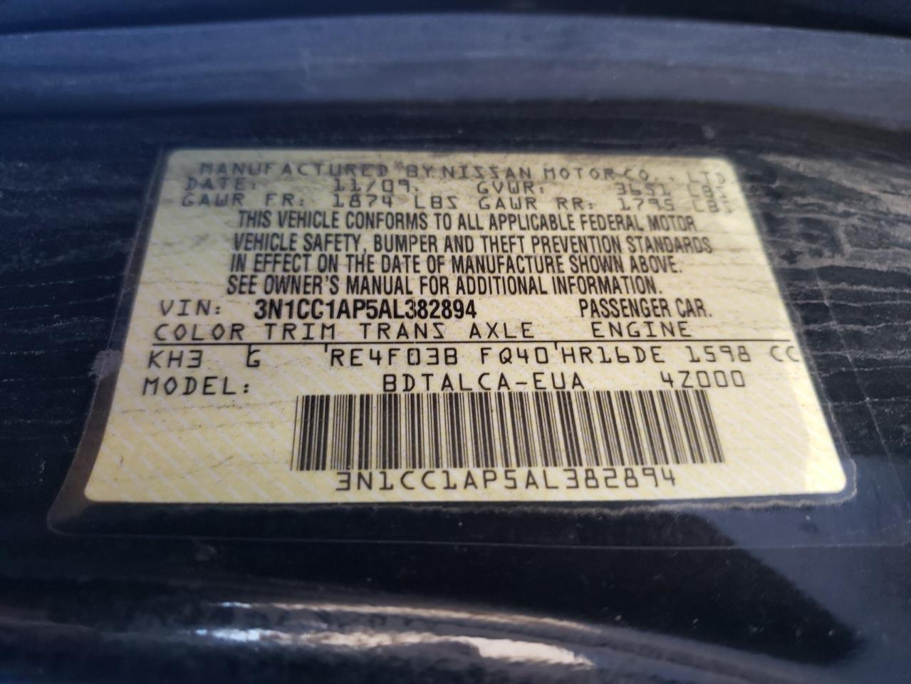 Photo 10 from auction – 2010 NISSAN VERSA S with VIN 3N1CC1AP5AL382894