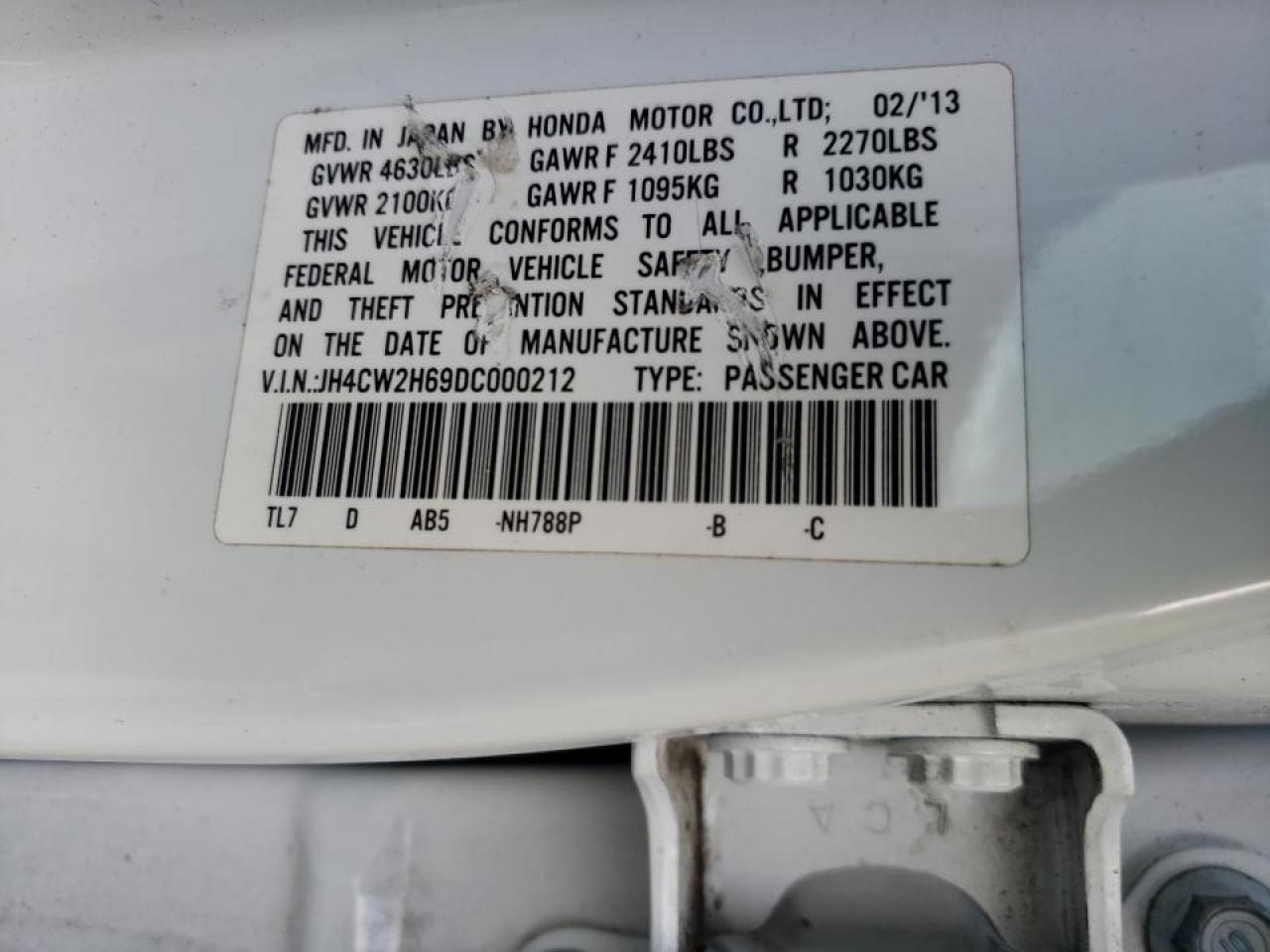 Photo 10 from auction – 2013 ACURA TSX TECH with VIN JH4CW2H69DC000212