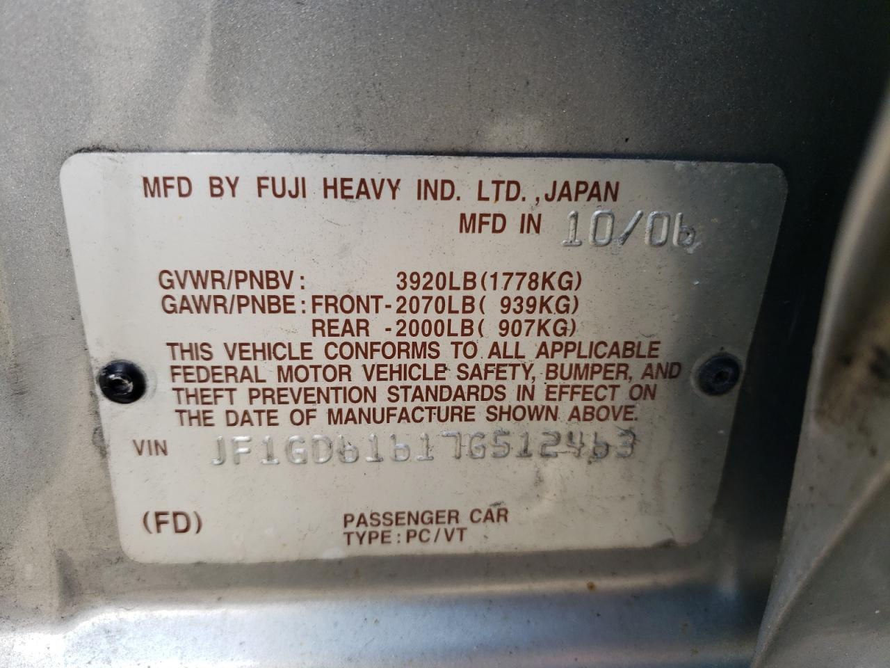 Photo 10 from auction – 2007 SUBARU IMPREZA 2. with VIN JF1GD61617G512463