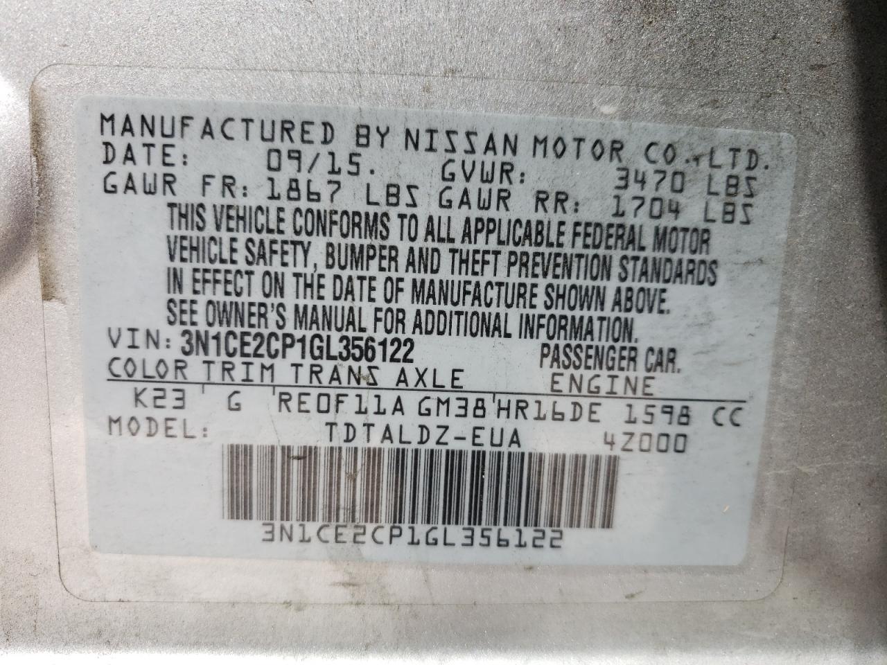 Photo 10 from auction – 2016 NISSAN VERSA NOTE with VIN 3N1CE2CP1GL356122