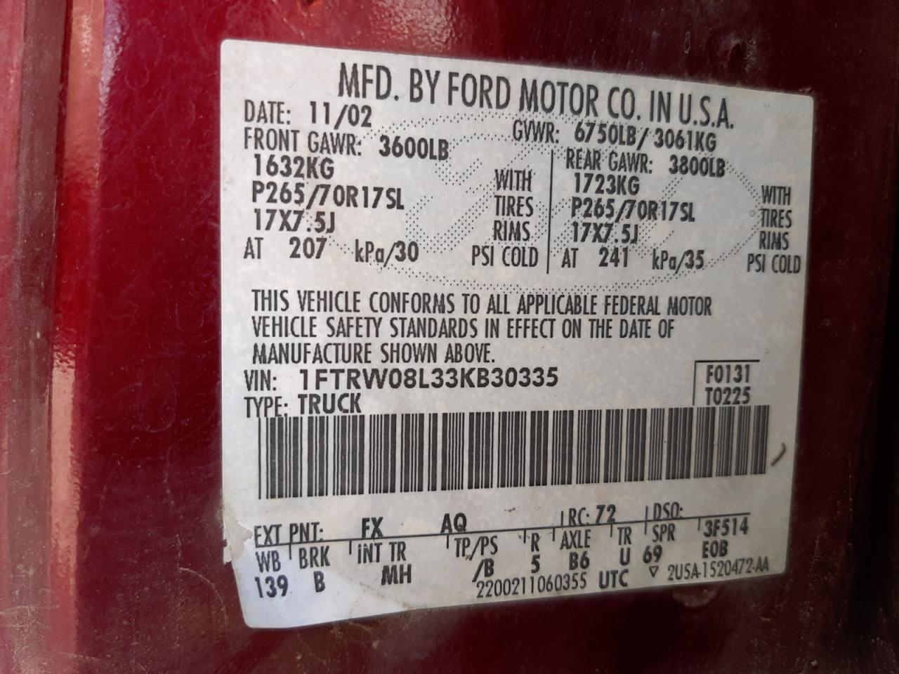 Photo 10 from auction – 2003 FORD F150 SUPER with VIN 1FTRW08L33KB30335