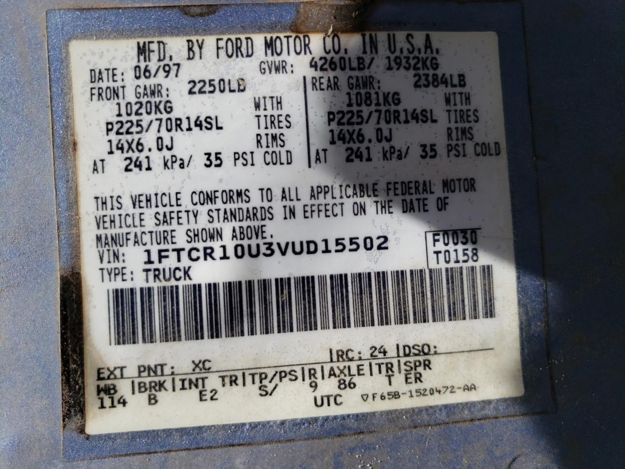 Photo 10 from auction – 1997 FORD RANGER with VIN 1FTCR10U3VUD15502