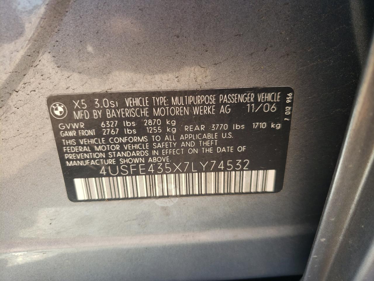 Photo 10 from auction – 2007 BMW X5 3.0I with VIN 4USFE435X7LY74532
