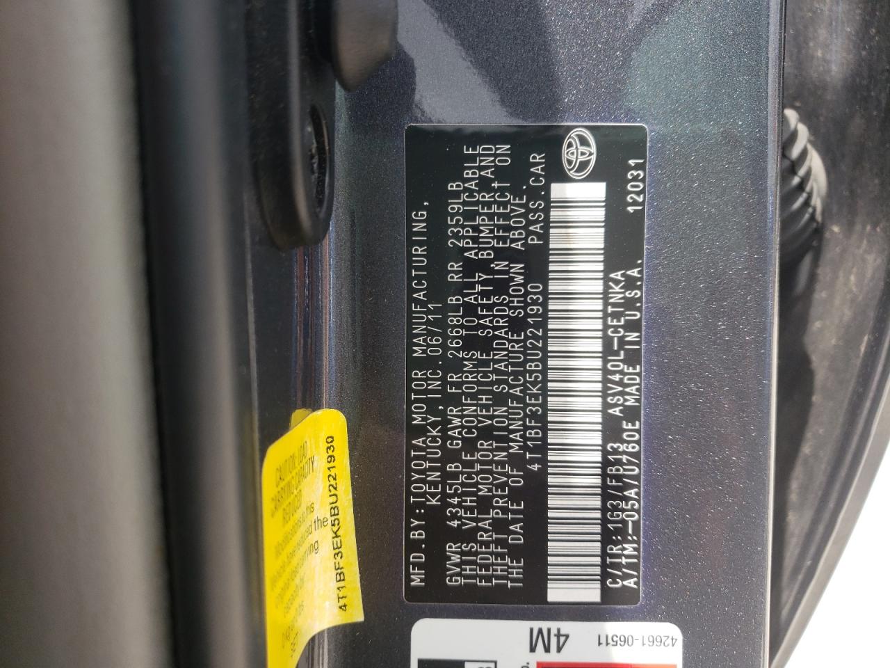 Photo 10 from auction – 2011 TOYOTA CAMRY BASE with VIN 4T1BF3EK5BU221930