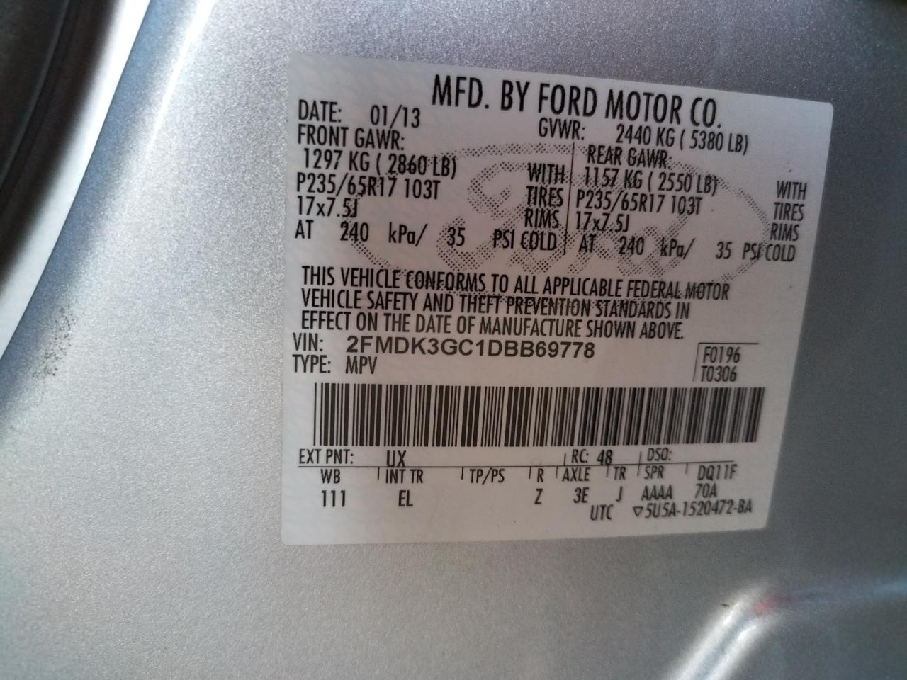 Photo 10 from auction – 2013 FORD EDGE SE with VIN 2FMDK3GC1DBB69778