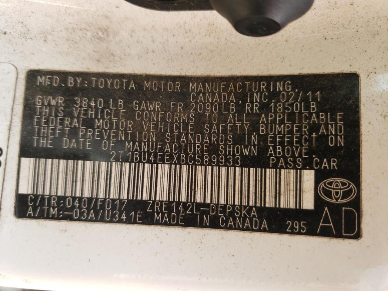 Photo 10 from auction – 2011 TOYOTA COROLLA BA with VIN 2T1BU4EEXBC589933