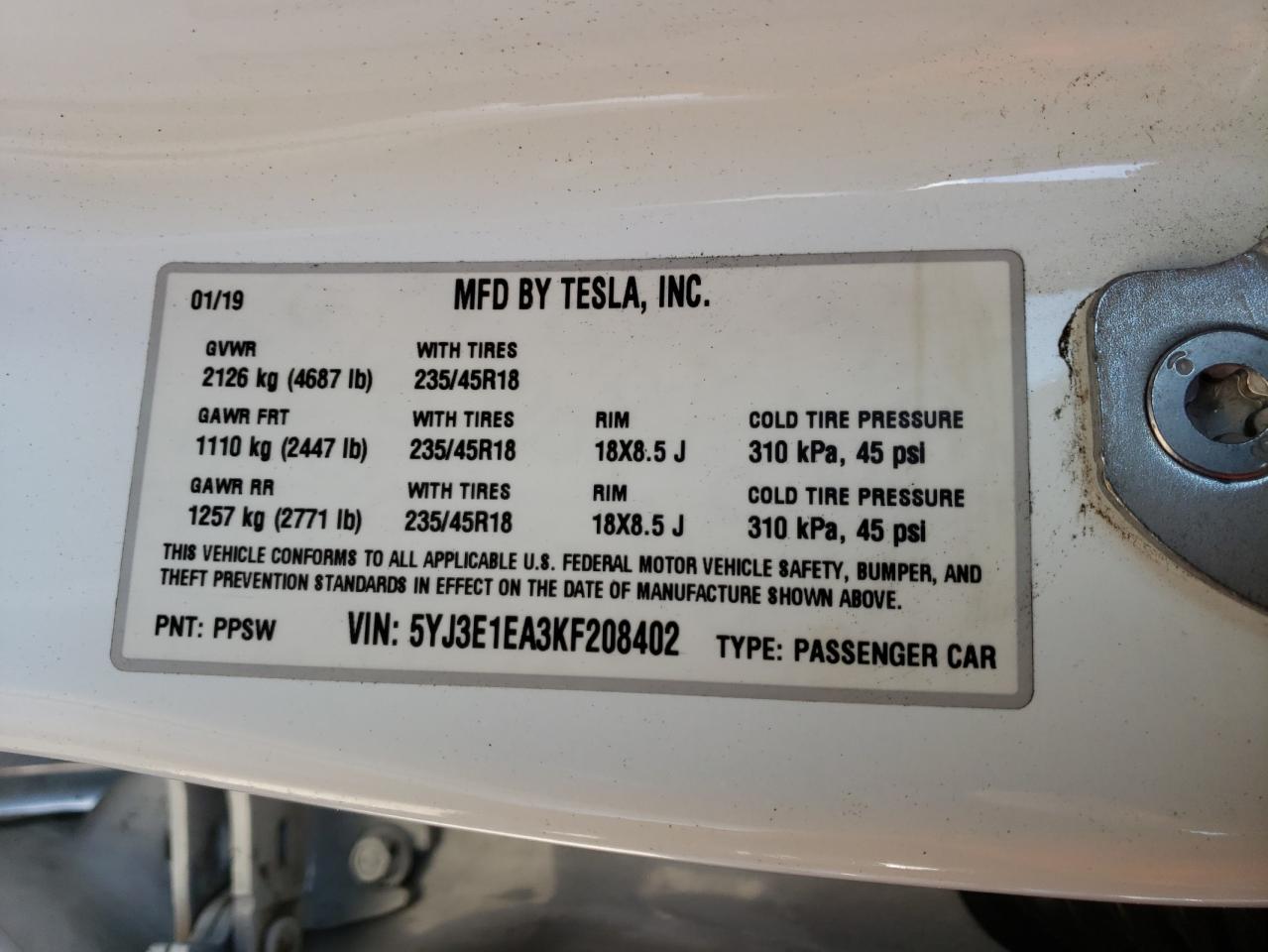 Photo 10 from auction – 2019 TESLA MODEL 3 with VIN 5YJ3E1EA3KF208402