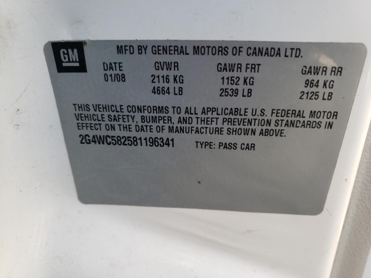 Zdjęcie 10 z aukcji – 2008 BUICK LACROSSE C z VIN 2G4WC582581196341