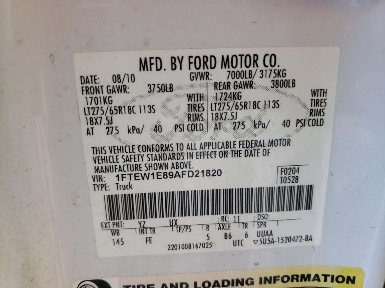 Photo 10 from auction – 2010 FORD F150 SUPER with VIN 1FTEW1E89AFD21820
