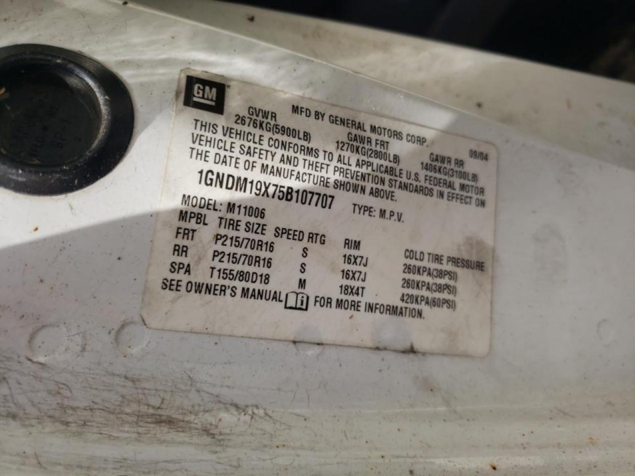 Photo 10 from auction – 2005 CHEVROLET ASTRO with VIN 1GNDM19X75B107707