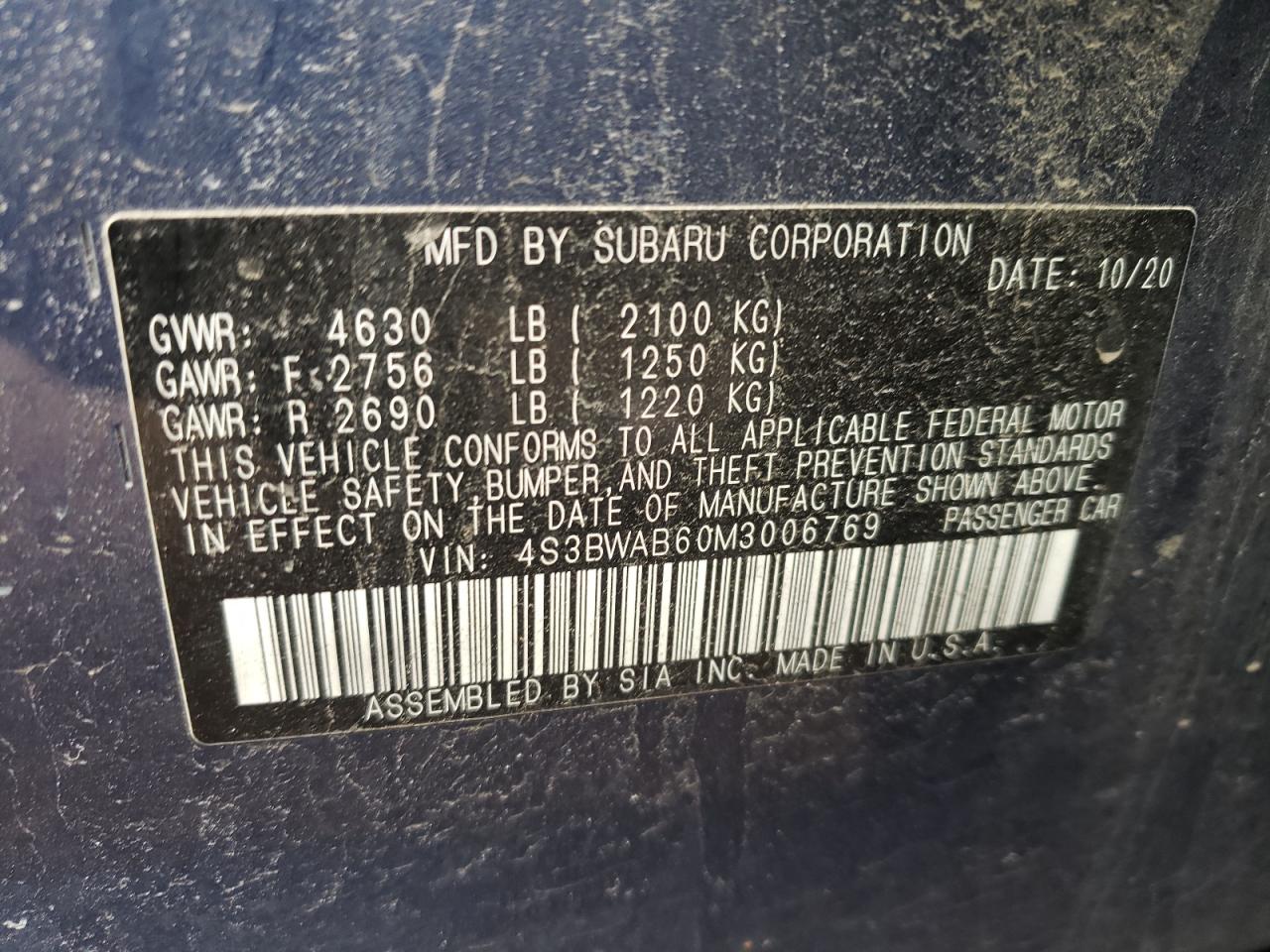 Photo 10 from auction – 2021 SUBARU LEGACY with VIN 4S3BWAB60M3006769