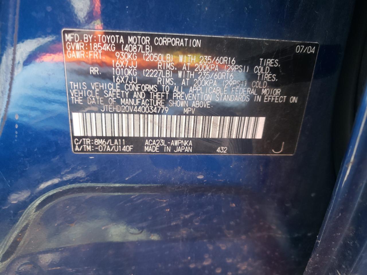 Photo 10 from auction – 2004 TOYOTA RAV4 with VIN JTEHD20V440034779