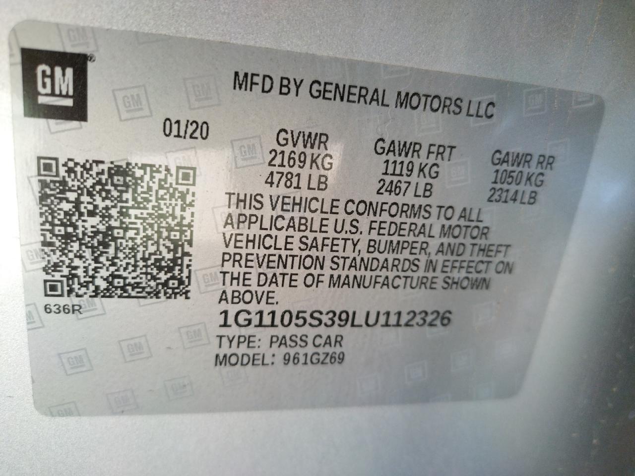 Photo 10 from auction – 2020 CHEVROLET IMPALA PRE with VIN 1G1105S39LU112326