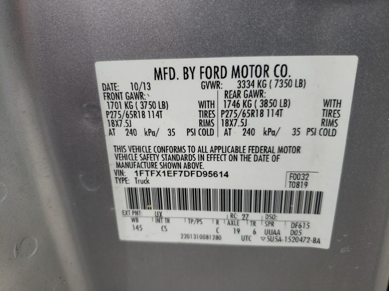 Photo 10 from auction – 2013 FORD F-150 with VIN 1FTFX1EF7DFD95614