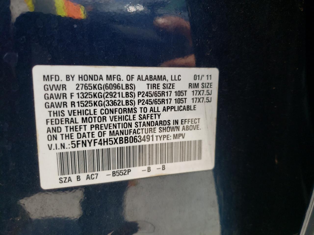Photo 10 from auction – 2011 HONDA PILOT EXL with VIN 5FNYF4H5XBB063491