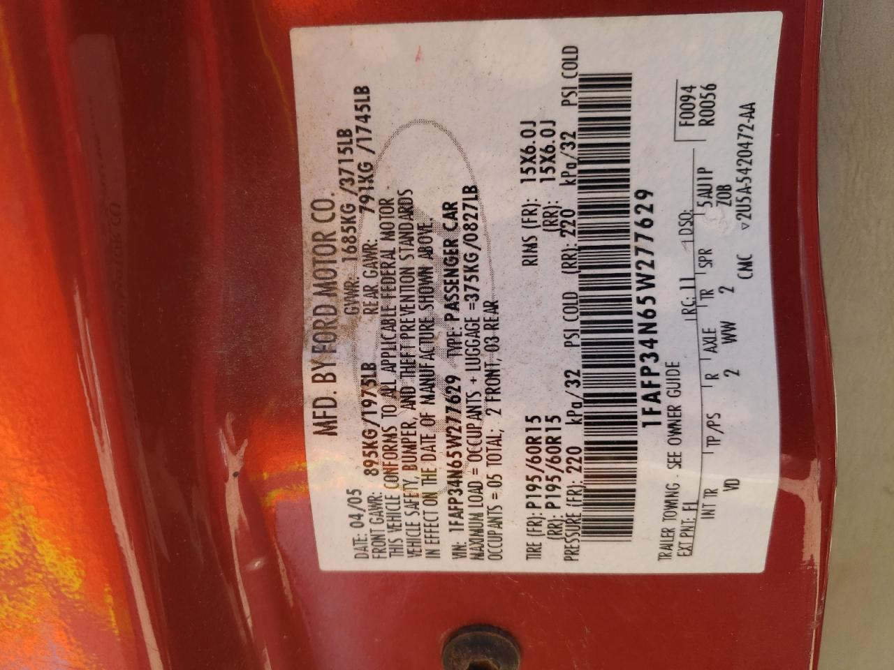 Photo 10 from auction – 2005 FORD FOCUS ZX4 with VIN 1FAFP34N65W277629
