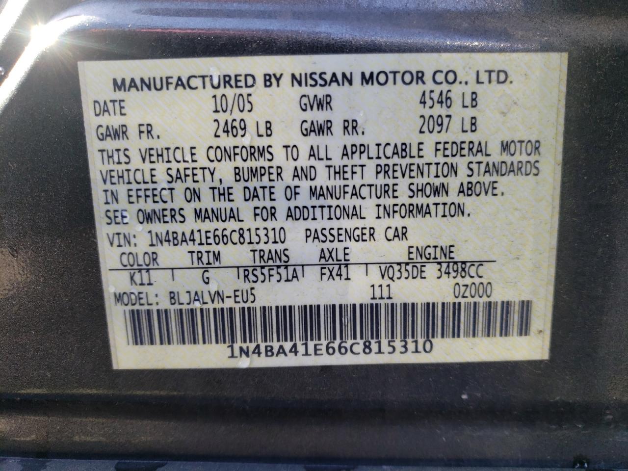 Zdjęcie 10 z aukcji – 2006 NISSAN MAXIMA SE z VIN 1N4BA41E66C815310