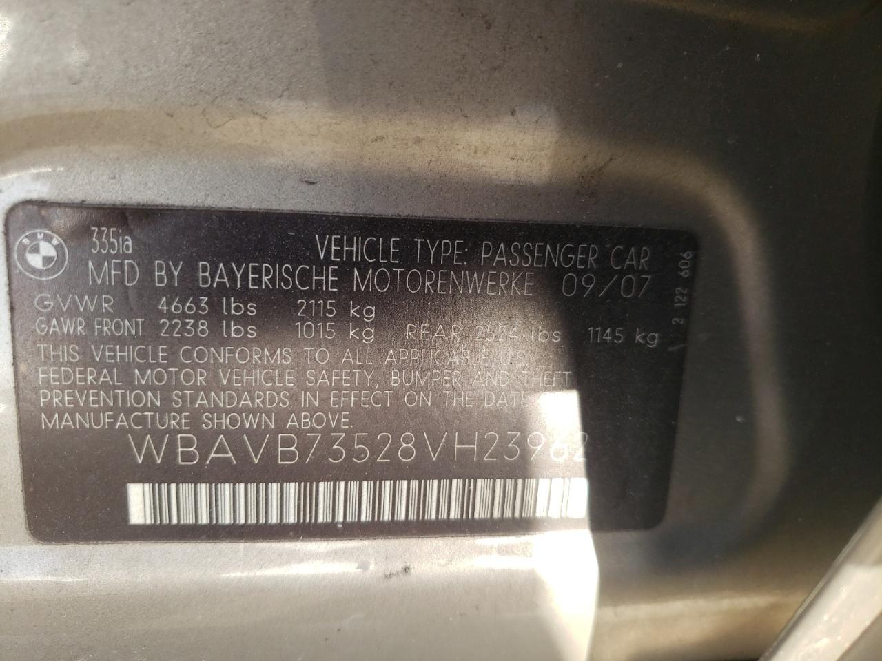 Photo 10 from auction – 2008 BMW 335 I with VIN WBAVB73528VH23962