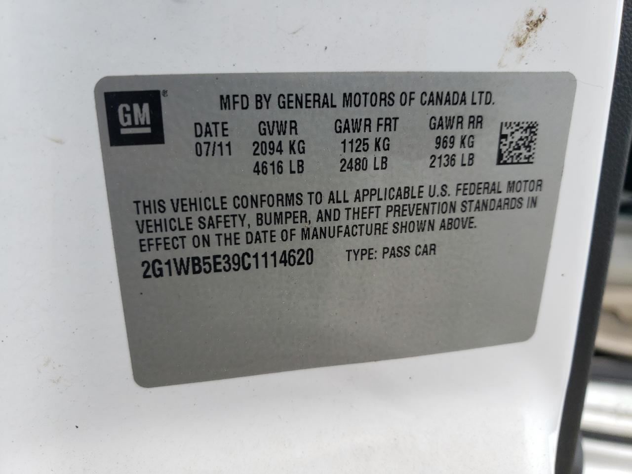 Photo 10 from auction – 2012 CHEVROLET IMPALA LT with VIN 2G1WB5E39C1114620