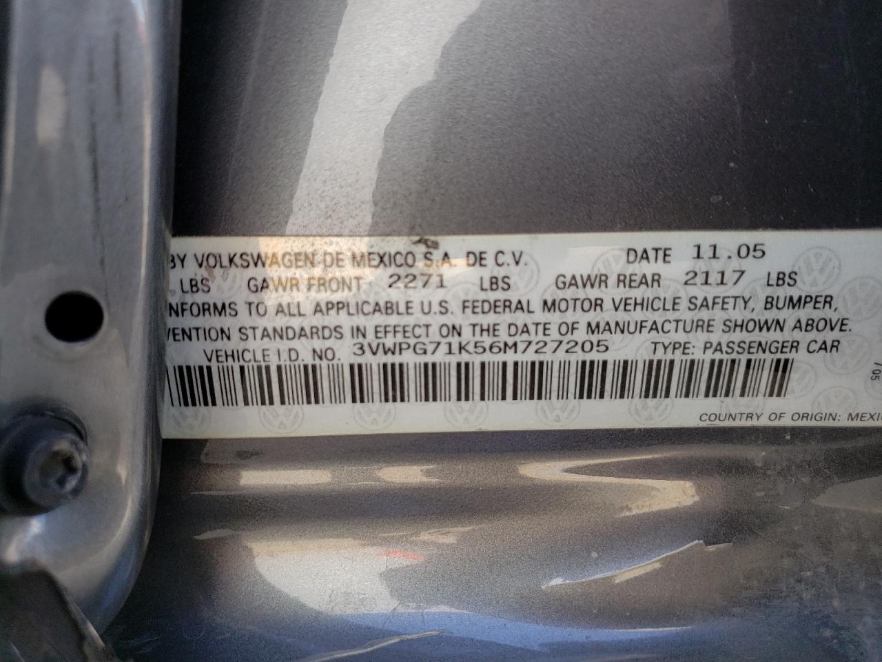 Photo 10 from auction – 2006 VOLKSWAGEN JETTA VALU with VIN 3VWPG71K56M727205