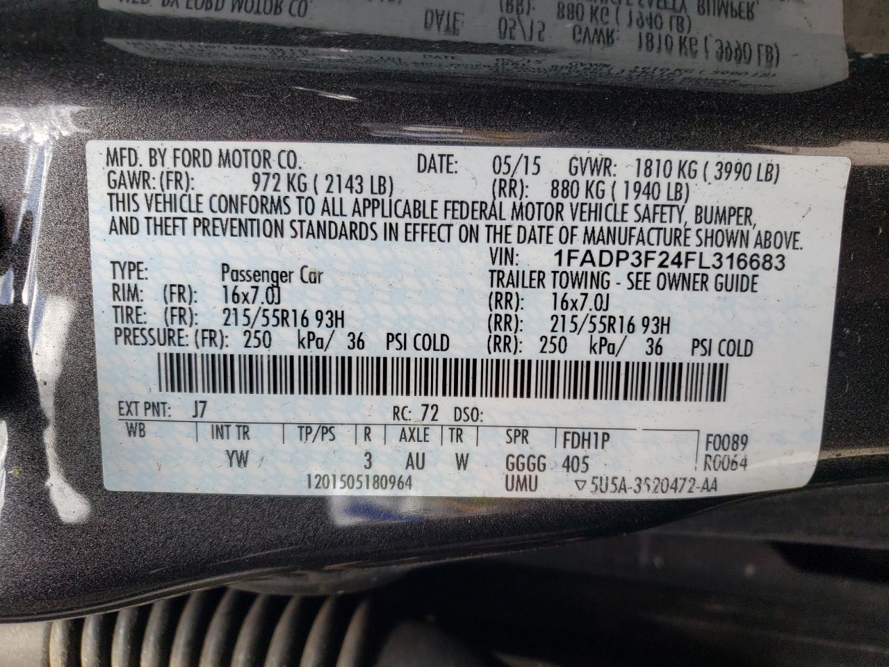 Photo 10 from auction – 2015 FORD FOCUS SE with VIN 1FADP3F24FL316683