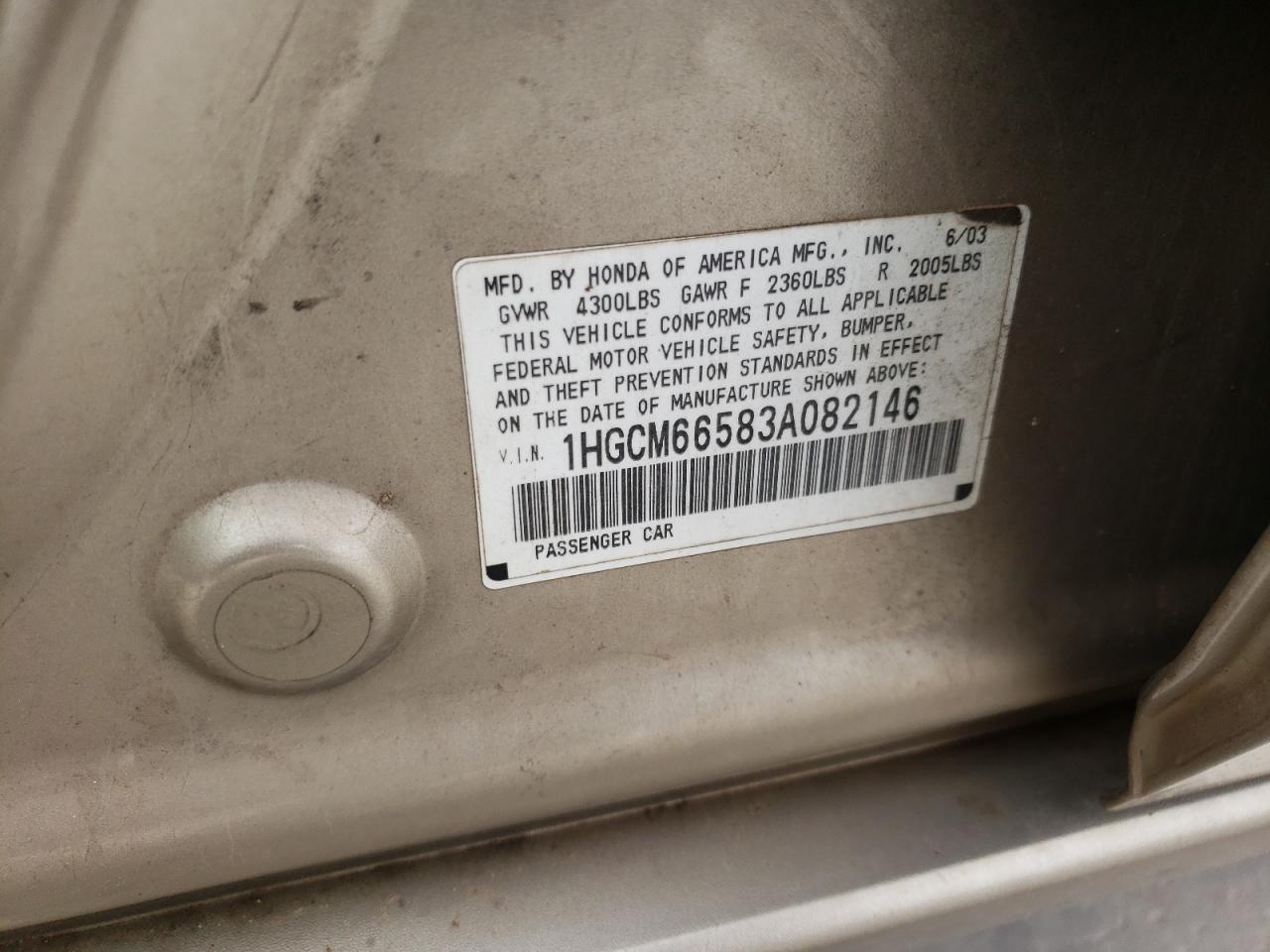 Photo 10 from auction – 2003 HONDA ACCORD EX with VIN 1HGCM66583A082146