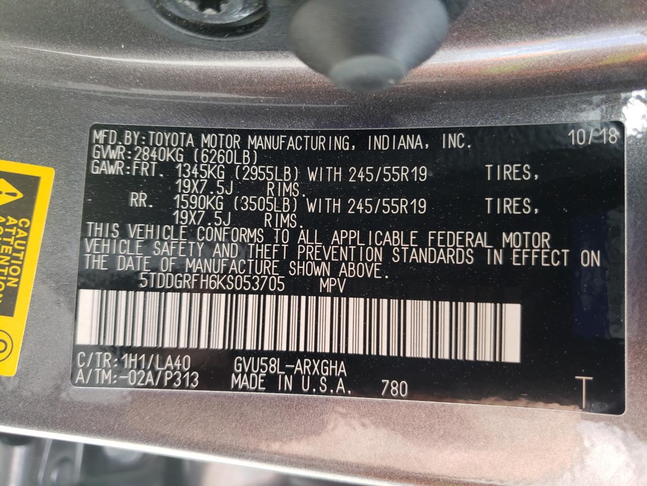 Photo 10 from auction – 2019 TOYOTA HIGHLANDER with VIN 5TDDGRFH6KS053705