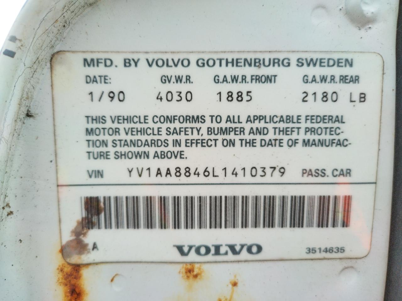 Photo 10 from auction – 1990 VOLVO 240 BASE with VIN YV1AA8846L1410379