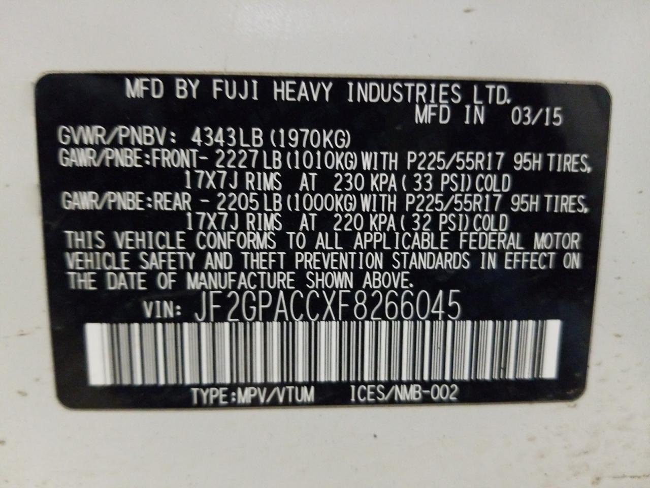Photo 10 from auction – 2015 SUBARU XV CROSSTR with VIN JF2GPACCXF8266045