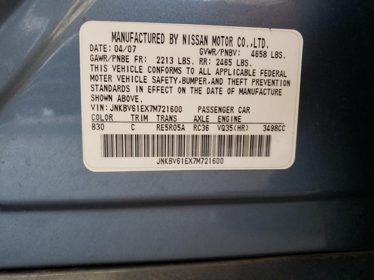 Photo 10 from auction – 2007 INFINITI G35 with VIN JNKBV61EX7M721600