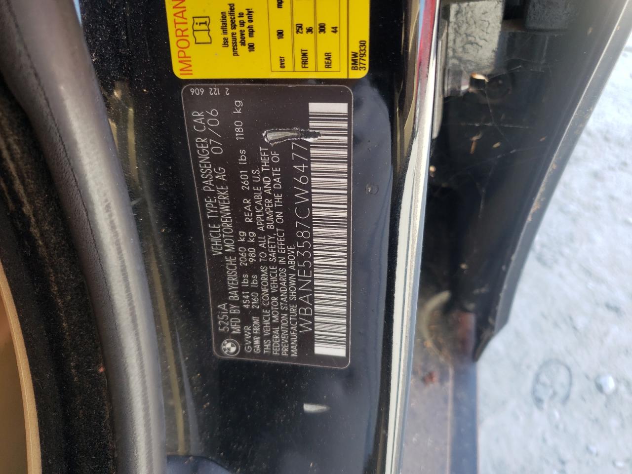 Photo 10 from auction – 2007 BMW 525 I with VIN WBANE53587CW64774
