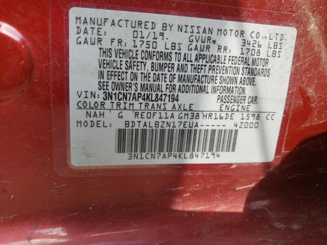 Photo 10 from auction – 2019 NISSAN VERSA S with VIN 3N1CN7AP4KL847194