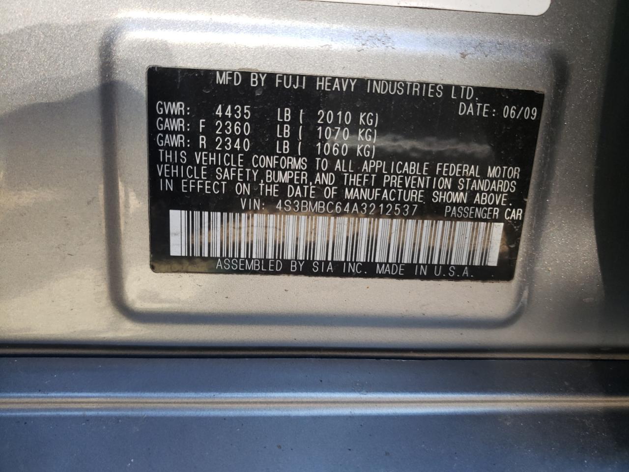 Photo 10 from auction – 2010 SUBARU LEGACY 2.5 with VIN 4S3BMBC64A3212537
