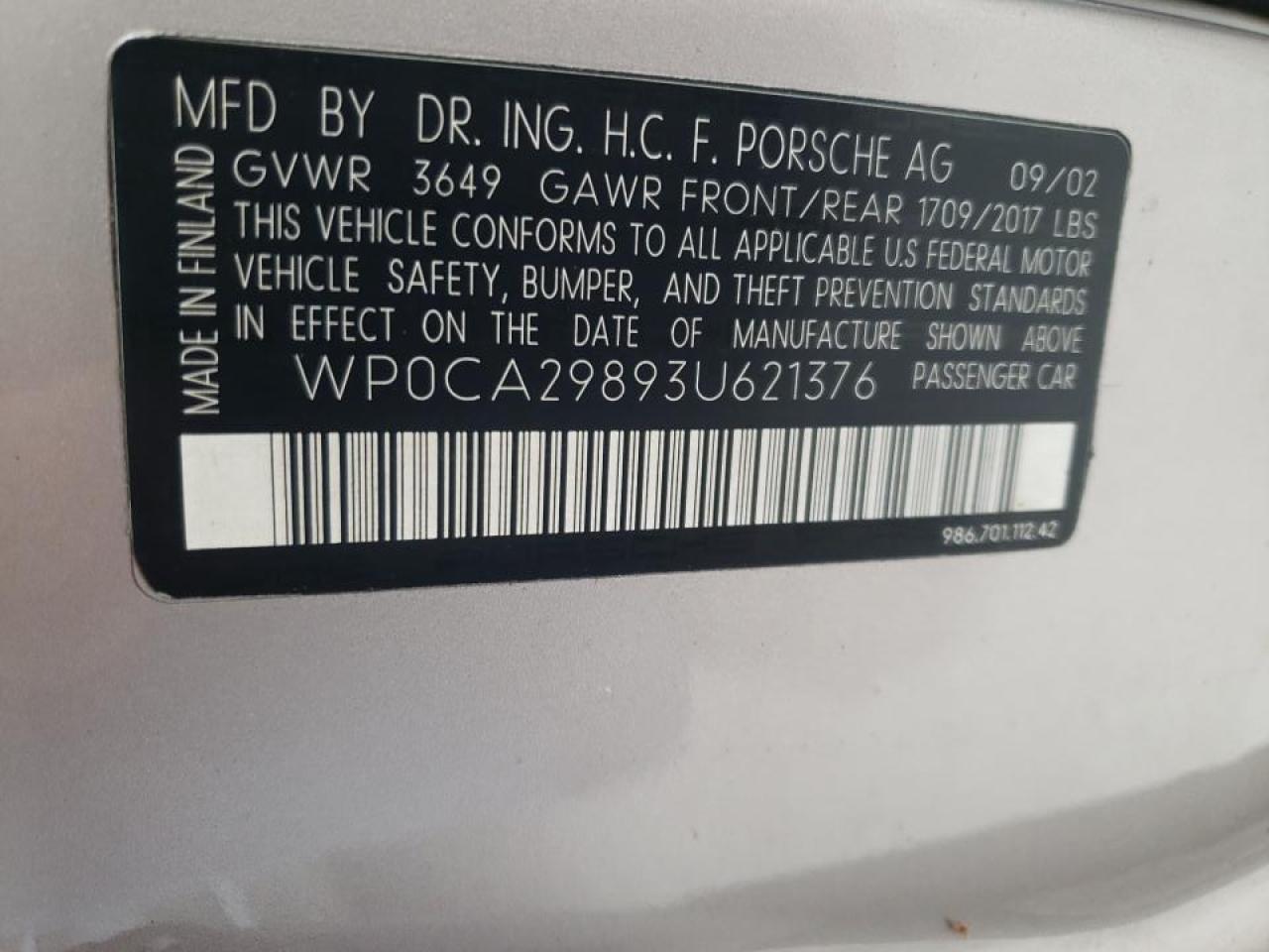 Photo 10 from auction – 2003 PORSCHE BOXSTER with VIN WP0CA29813U622991