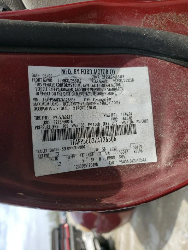 Photo 10 from auction – 2007 FORD TAURUS SEL with VIN 1FAFP56U37A126506