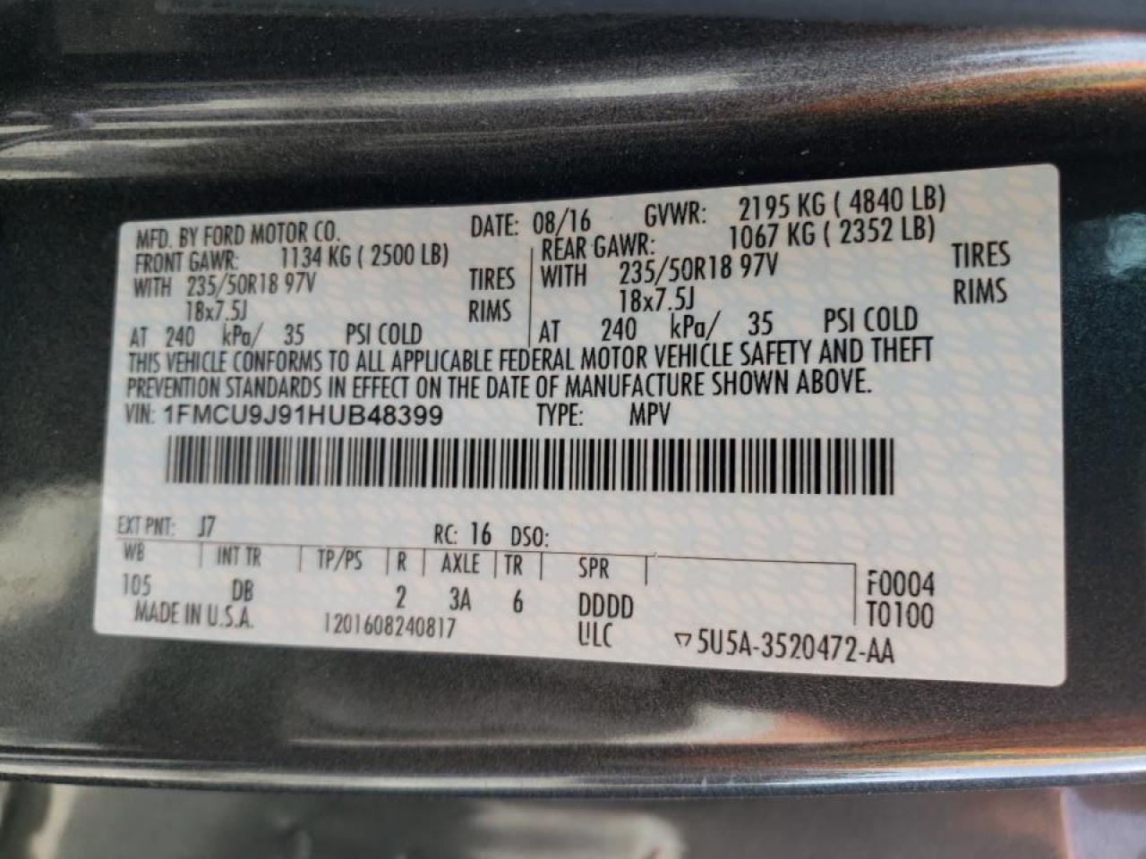 Photo 20 from auction – 2017 FORD ESCAPE TIT with VIN 1FMCU9J91HUB48399