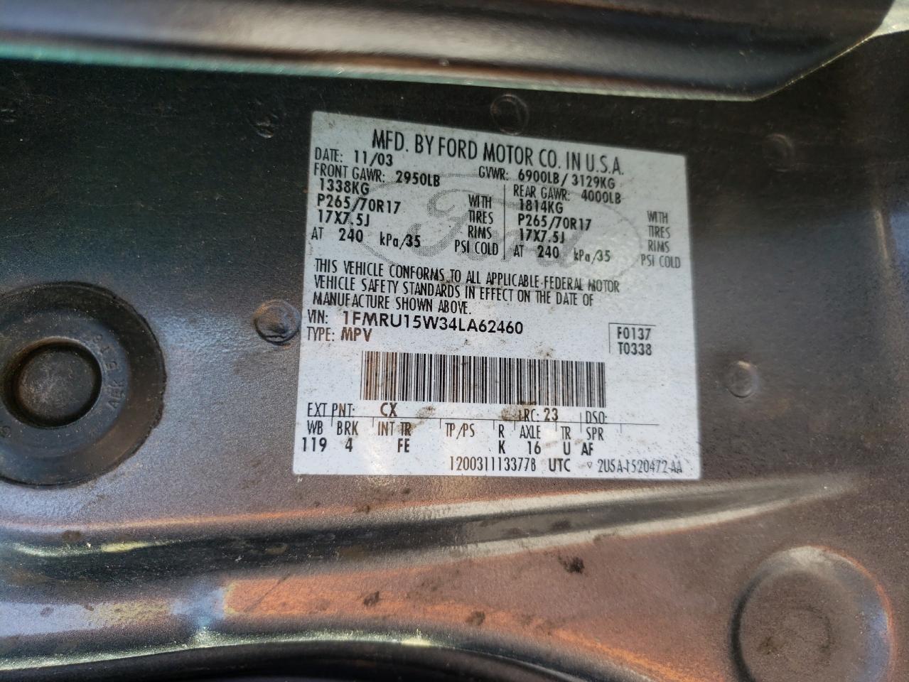 Photo 10 from auction – 2004 FORD EXPEDITION with VIN 1FMRU15W34LA62460