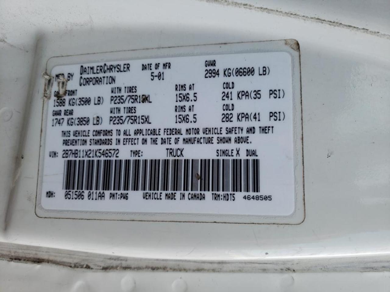 Photo 10 from auction – 2001 DODGE RAM VAN B1 with VIN 2B7HB11X21K546572