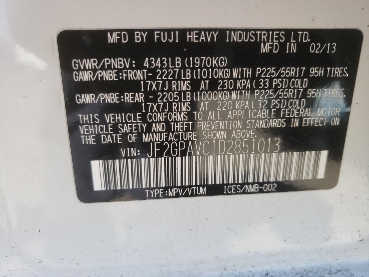 Photo 10 from auction – 2013 SUBARU XV CROSSTR with VIN JF2GPAVC1D2851013
