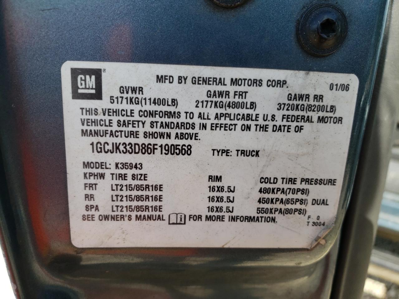 Photo 10 from auction – 2006 CHEVROLET SILVERADO with VIN 1GCJK33D86F190568
