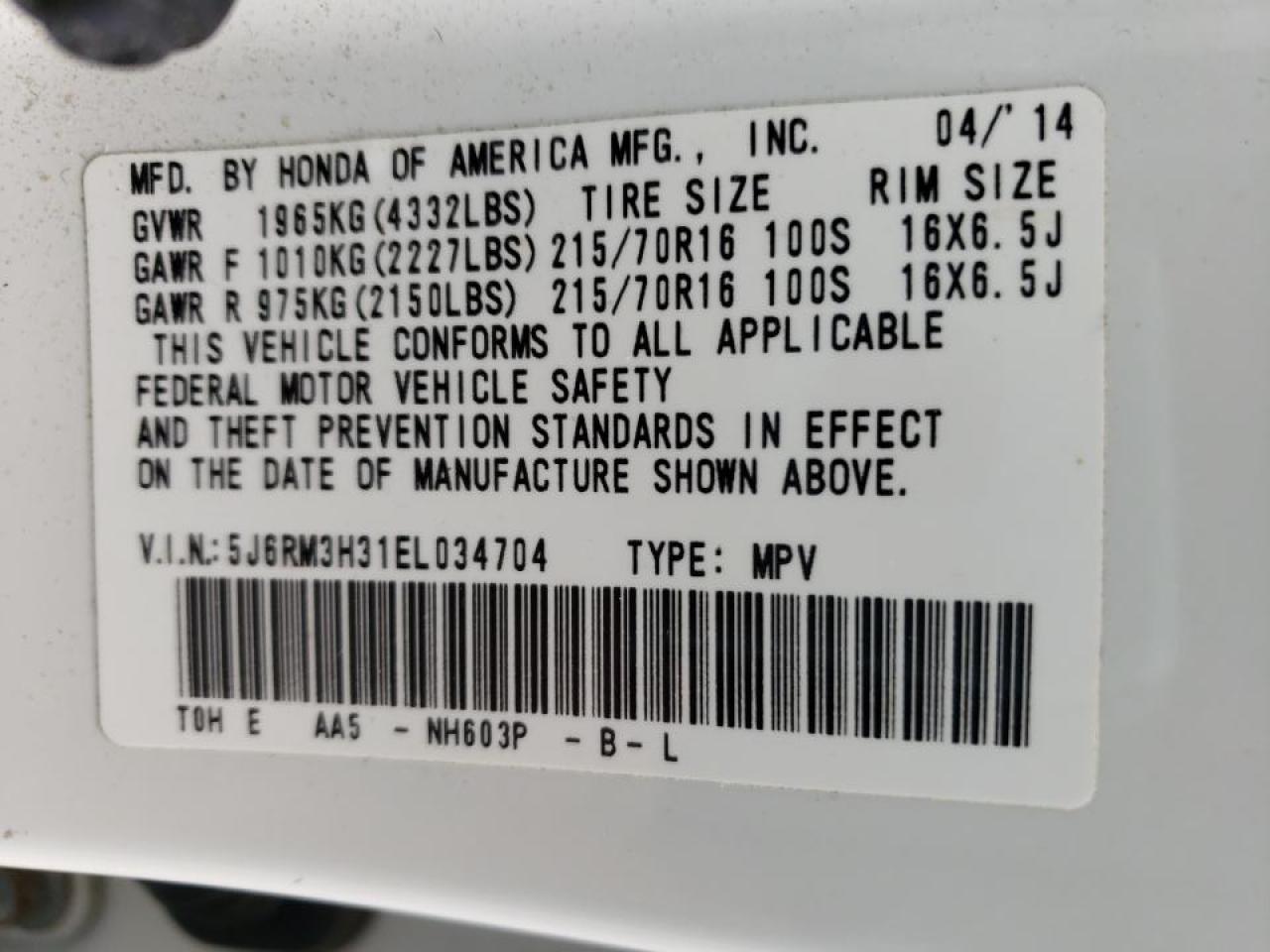 Photo 10 from auction – 2014 HONDA CR-V LX with VIN 5J6RM3H31EL034704