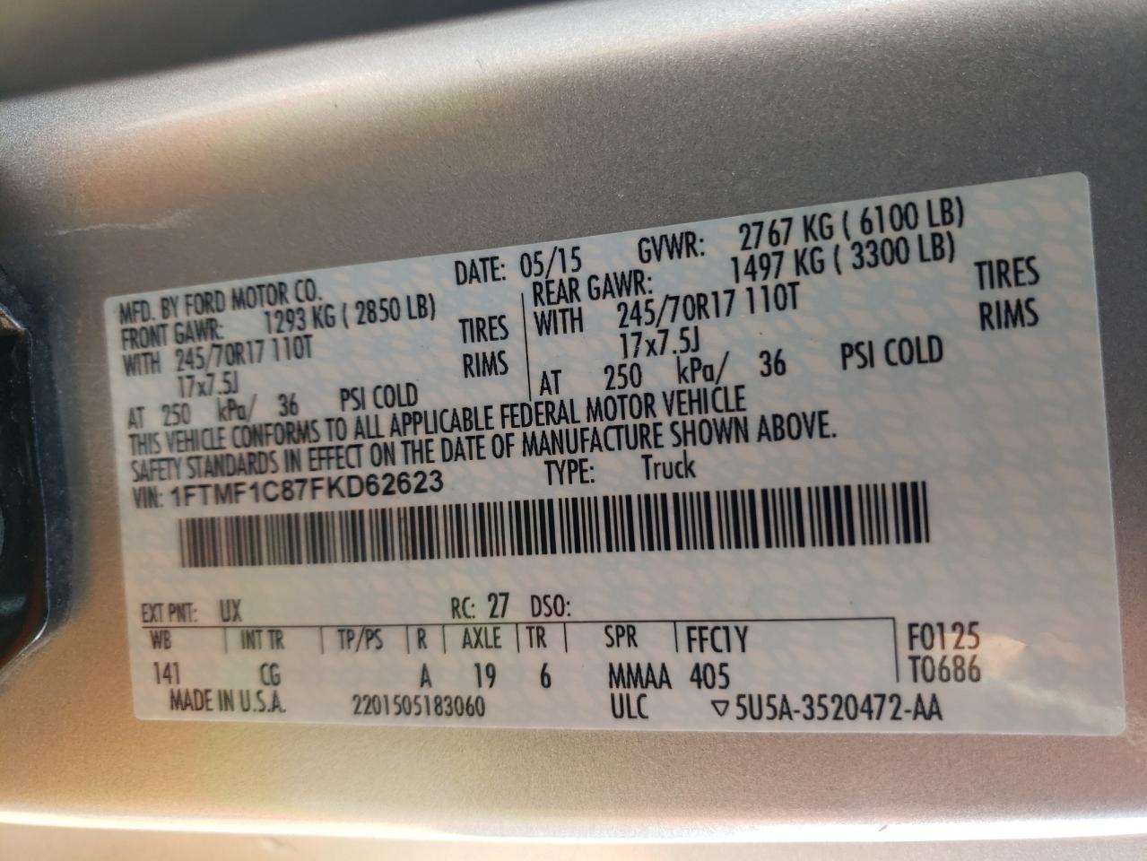 Photo 10 from auction – 2015 FORD F150 with VIN 1FTMF1C87FKD62623