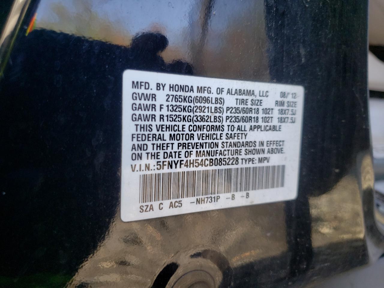 Photo 10 from auction – 2012 HONDA PILOT EXL with VIN 5FNYF4H54CB085228