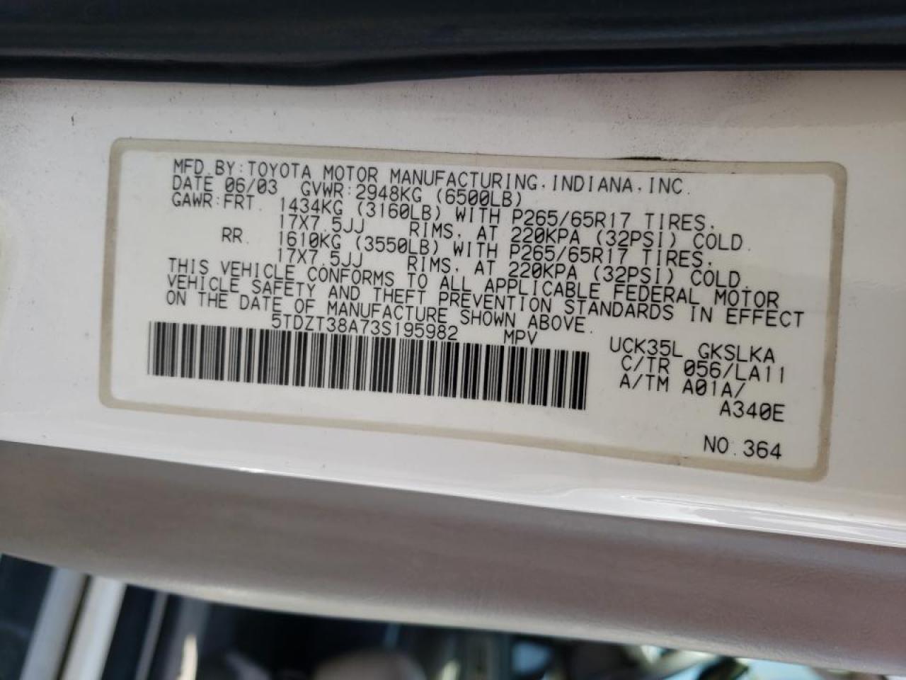 Photo 10 from auction – 2003 TOYOTA SEQUOIA LI with VIN 5TDZT38A73S195982