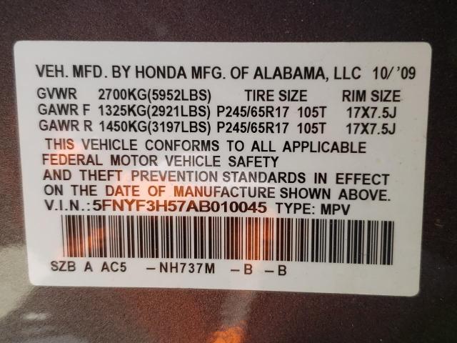 Photo 10 from auction – 2010 HONDA PILOT EXL with VIN 5FNYF3H57AB010045