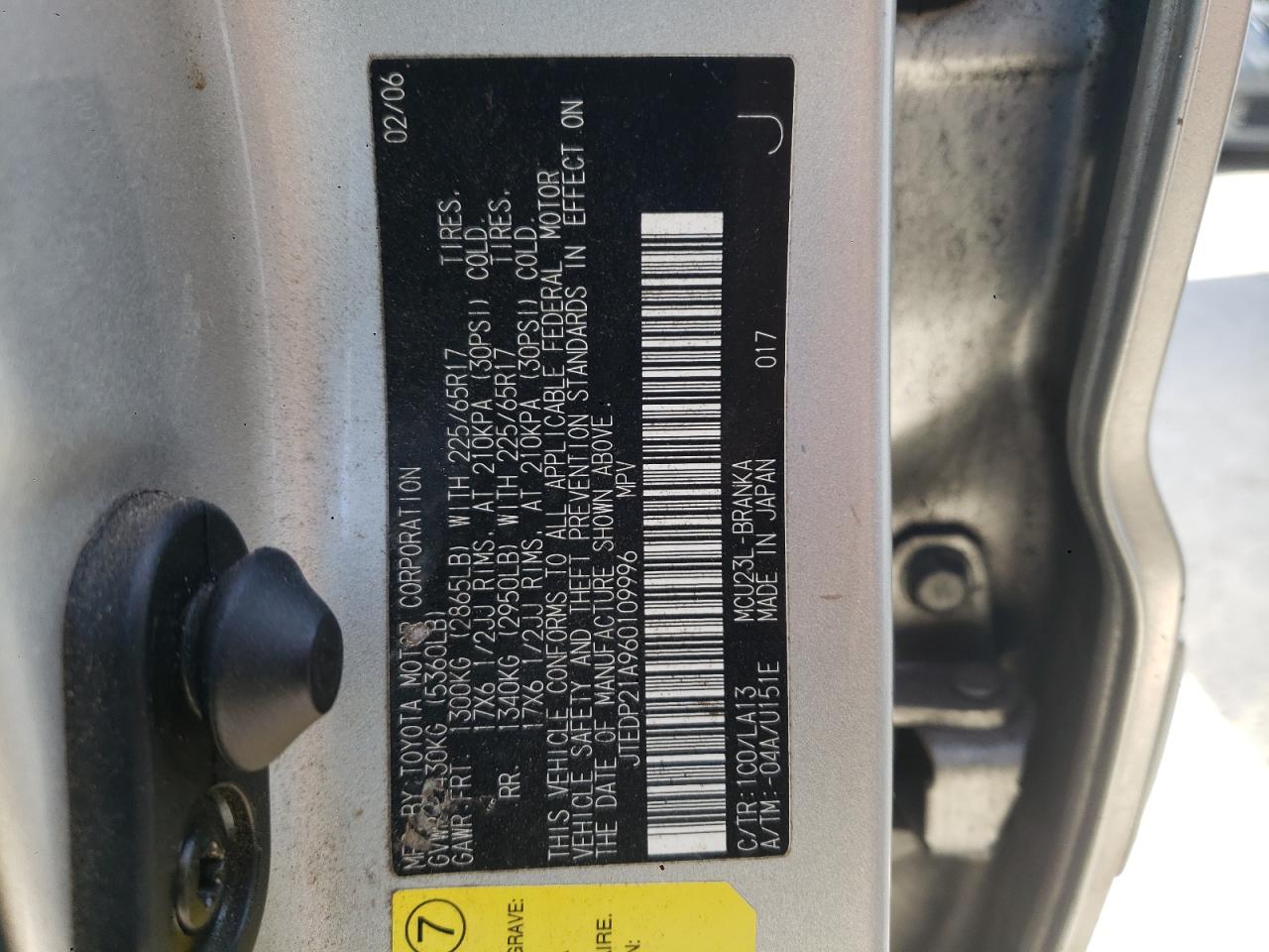 Photo 10 from auction – 2006 TOYOTA HIGHLANDER with VIN JTEDP21A960109996