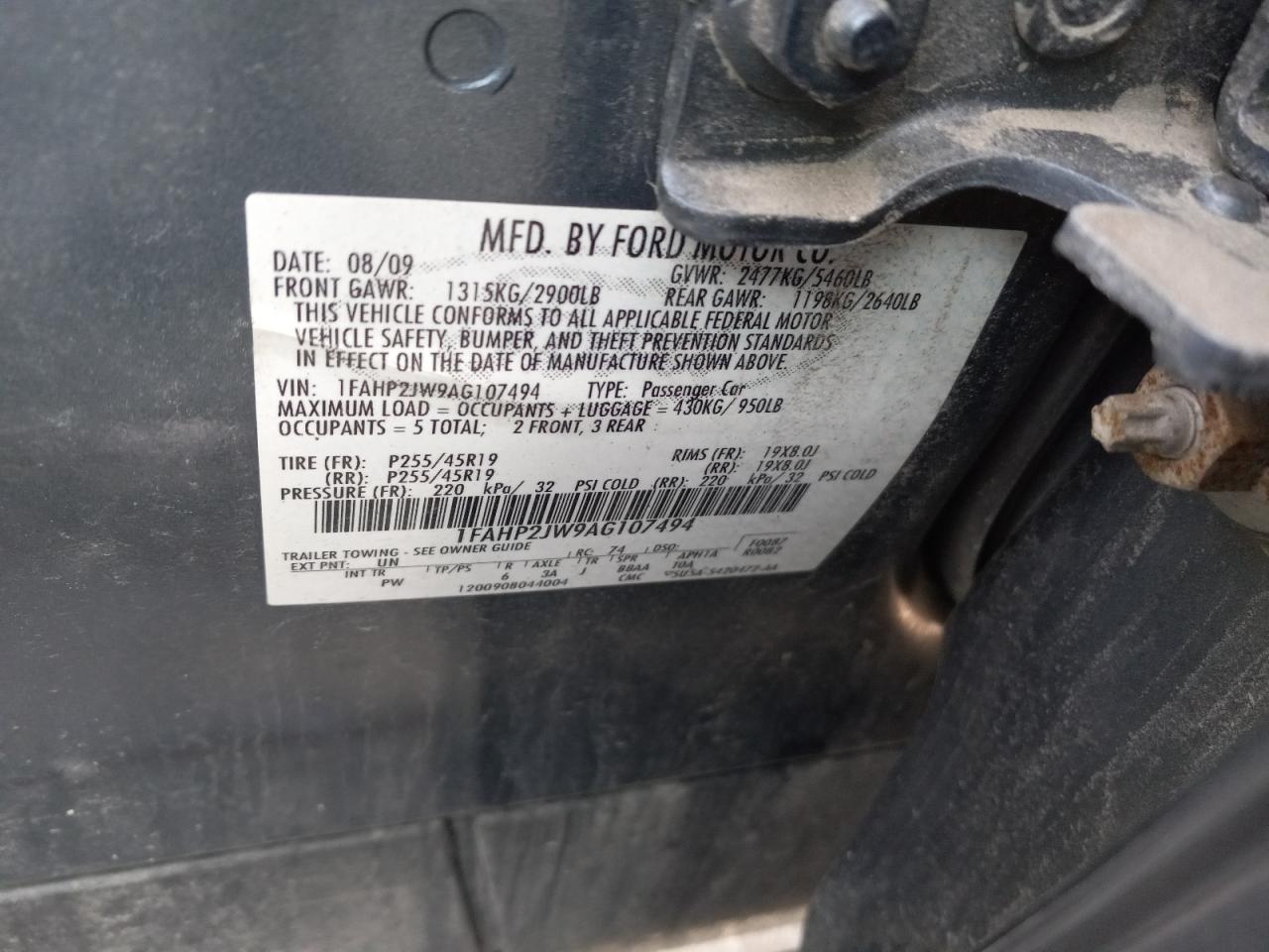 Photo 10 from auction – 2010 FORD TAURUS LIM with VIN 1FAHP2JW9AG107494