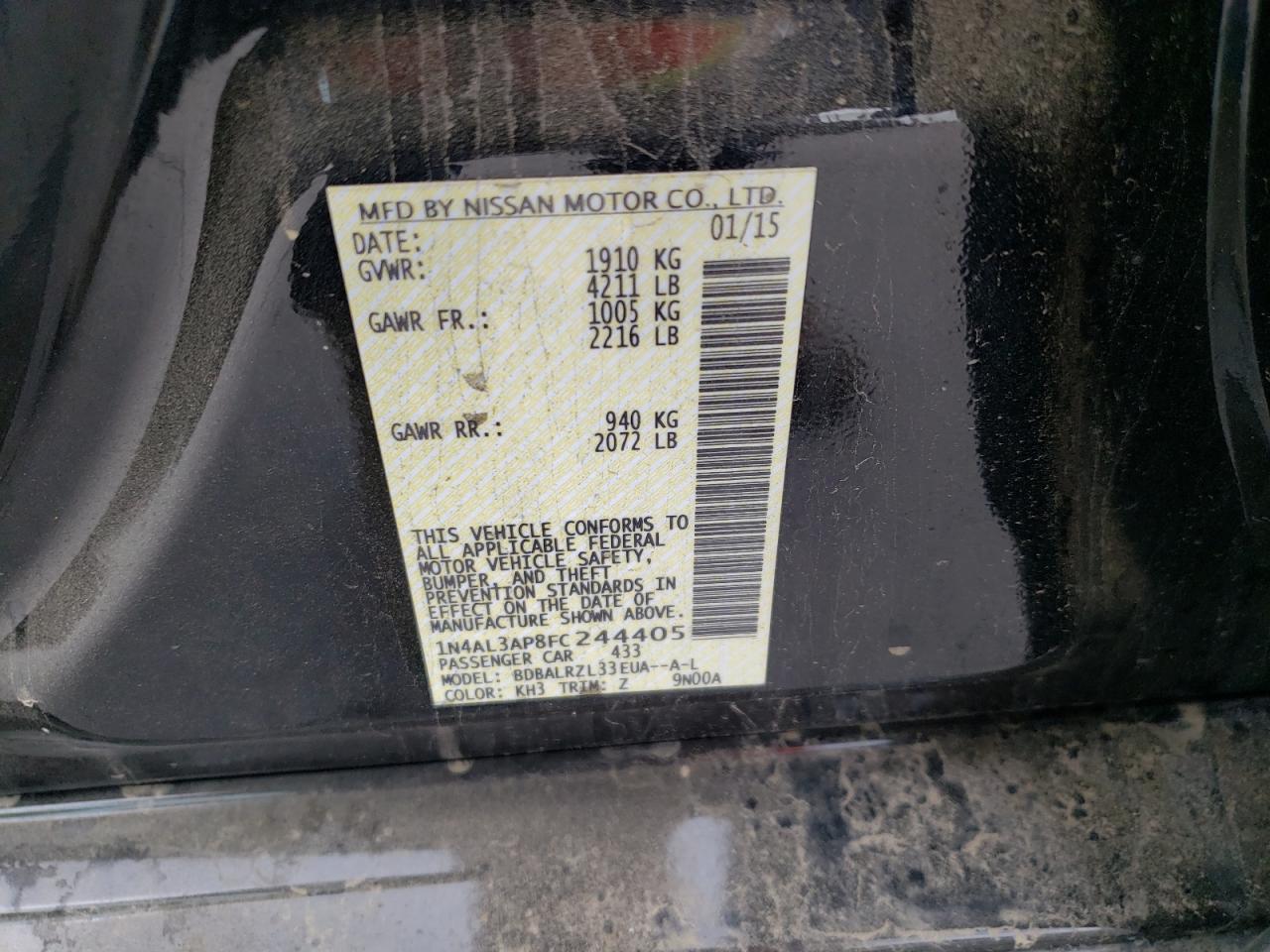 Photo 10 from auction – 2015 NISSAN ALTIMA 2.5 with VIN 1N4AL3AP8FC244405