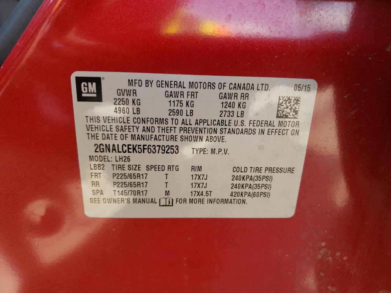 Photo 10 from auction – 2015 CHEVROLET EQUINOX LT with VIN 2GNALCEK5F6379253
